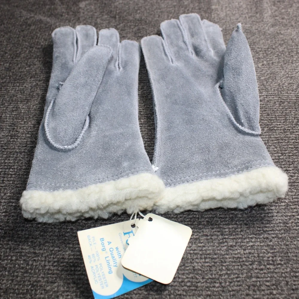 Fownes Leather Gloves Womens Small Blue New Vintage Borg Lined Suede Warm
